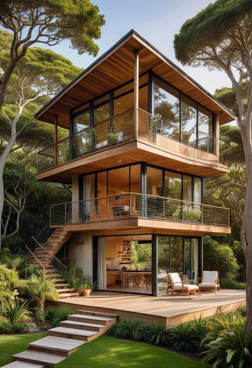 A stunning collage of unique and exceptional home designs, showcasing vibrant architecture, eclectic interiors, and lush landscaped gardens. Highlight a modern treehouse, a minimalist beach cottage, and a vintage Victorian home, blending harmoniously in one image. Emphasize the creativity in home aesthetics and the joy of living uniquely. super-realistic. vibrant colors. high detail.