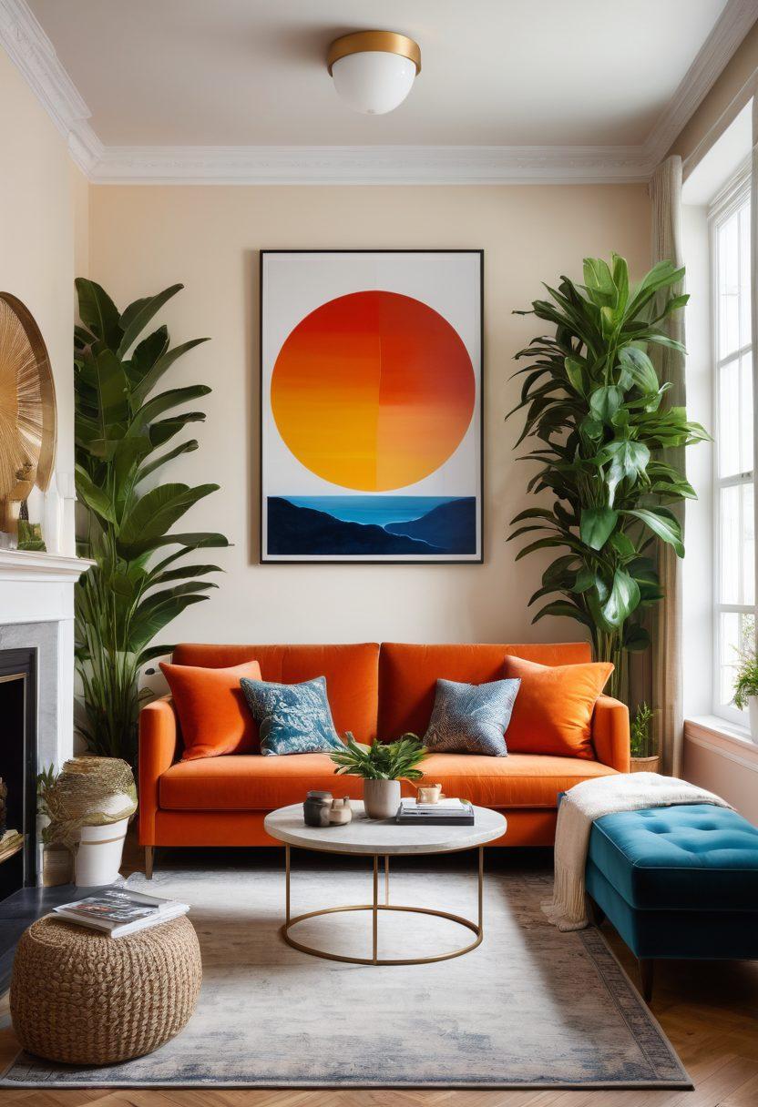 A captivating room that transitions from quirky decor with mismatched furniture and colorful wall art to a sleek and stylish interior with minimalist design, featuring elegant textures and a cohesive color palette. Add warm lighting and plants to enhance the inviting atmosphere. super-realistic. vibrant colors. cozy ambiance.