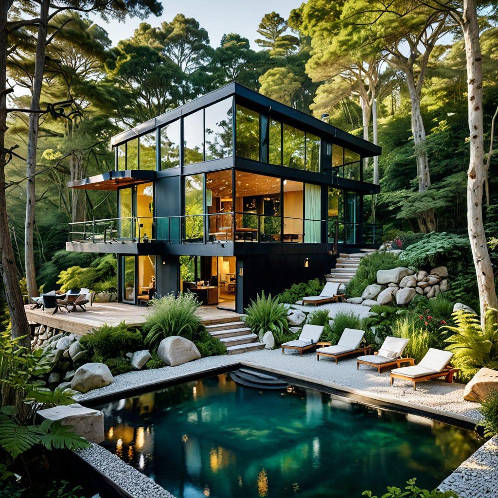 A captivating collage showcasing 10 unique homes with extraordinary aesthetics, including a futuristic glass house, a cozy treehouse, a minimalist cabin on a cliff, an eco-friendly earth-sheltered home, and a vibrant colorful cottage. Each home is surrounded by lush nature or urban landmarks showcasing their distinct styles and innovative designs. The light should be dreamy and inviting, enhancing the charm of each property. vibrant colors. super-realistic.